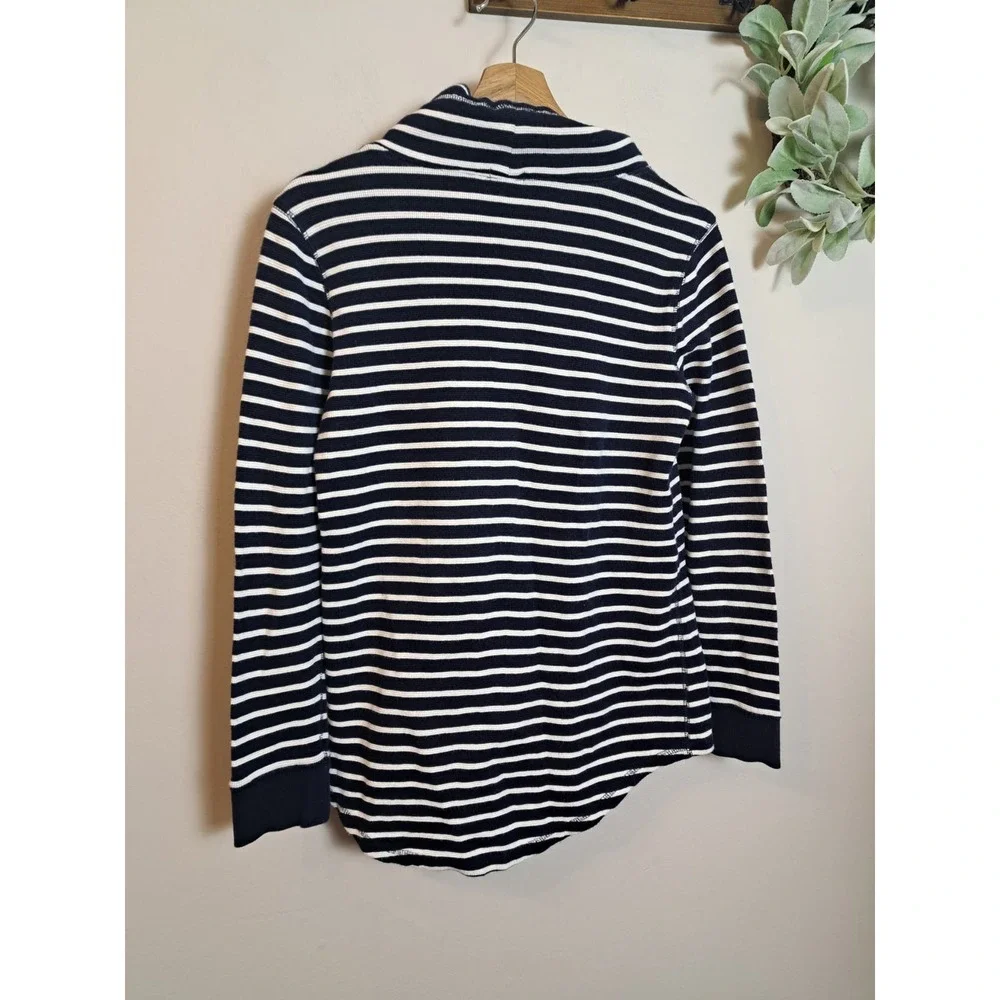 J Crew Beach Striped Funnelneck Sweatshirt Waffle Knit Cotton Navy Blue Pocket S